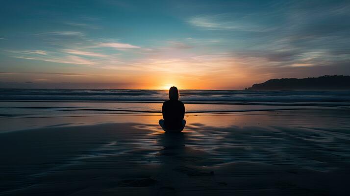 Serene beachside meditation at sunrise — the soulful essence of Glitzland