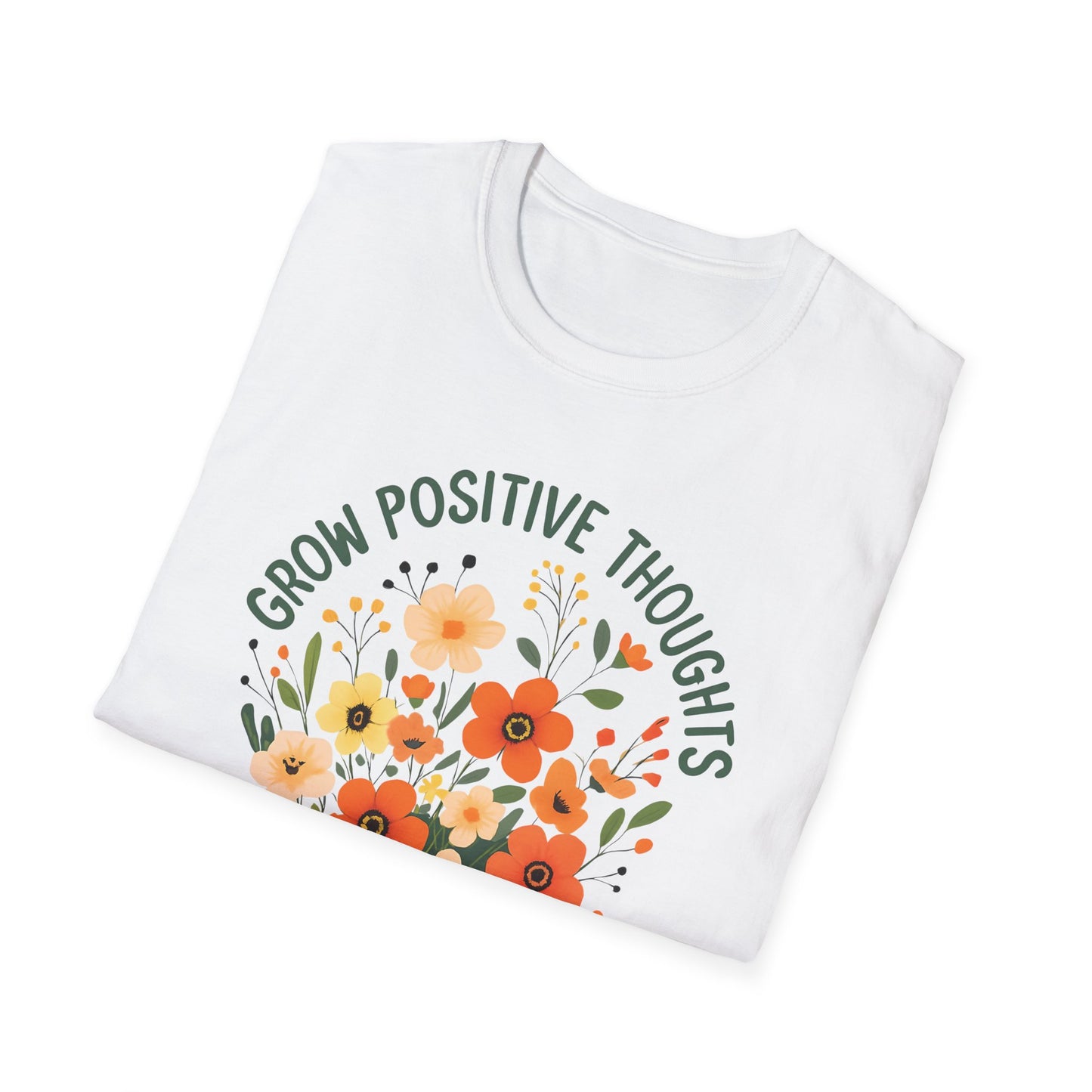 folded white Grow Positive Thoughts Unisex T-Shirt | Mindful Vibes