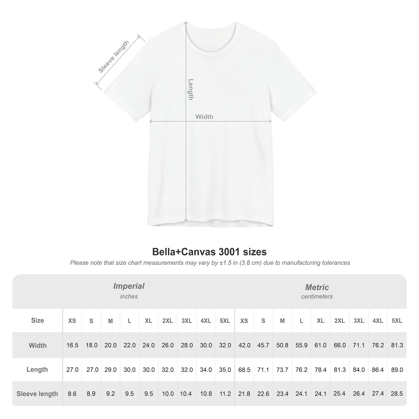 bella canvas 3001 size chart