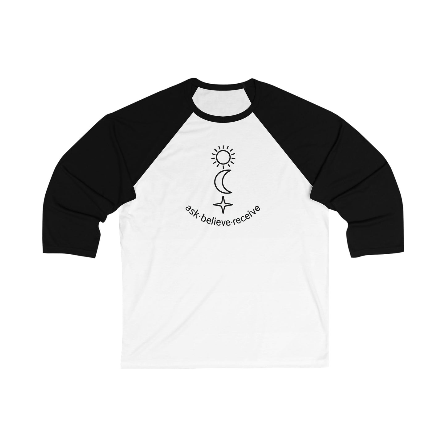 black and white Ask Believe Receive – Unisex 3/4 Sleeve Baseball Tee