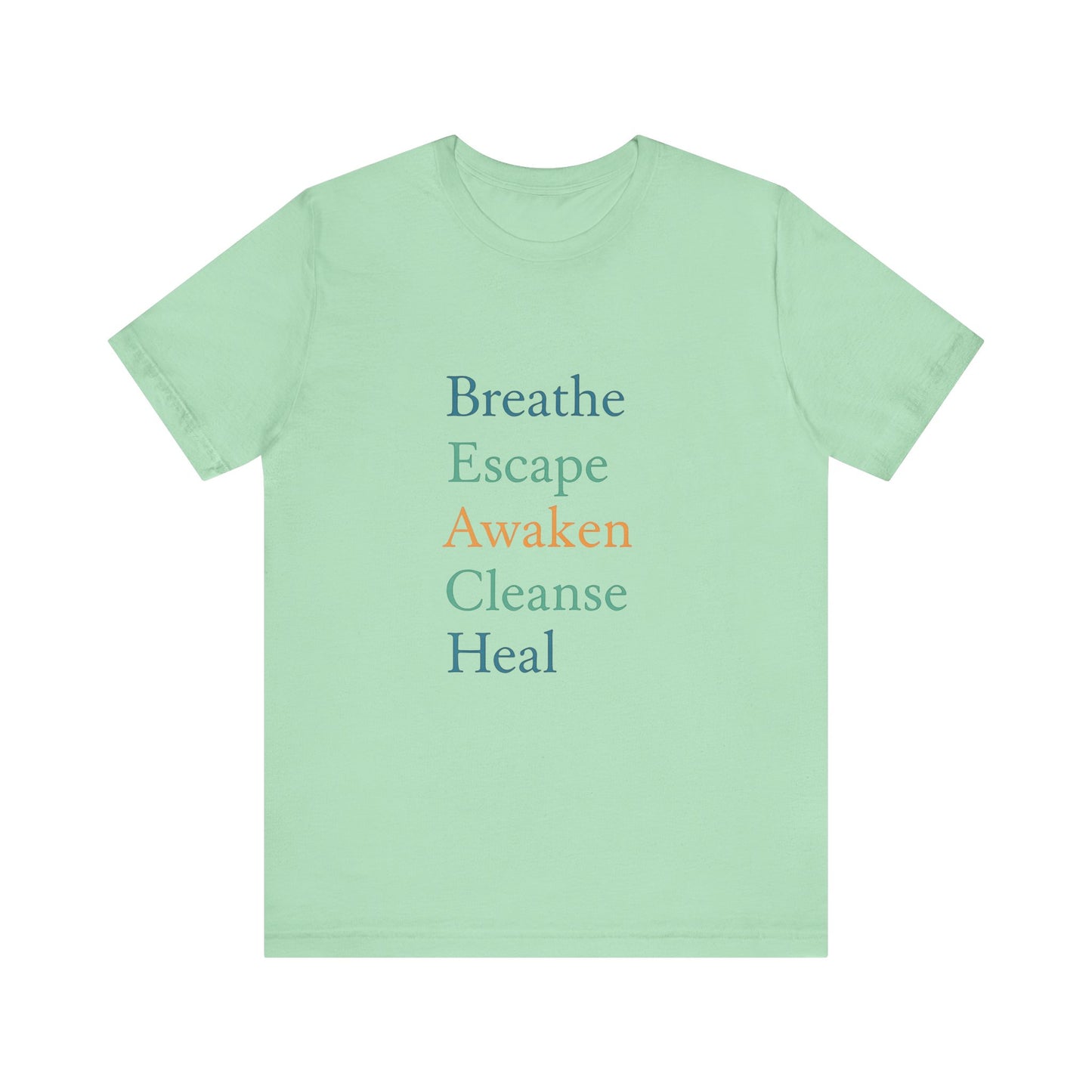 Mint green unisex tee featuring the BEACH acronym in calming tones