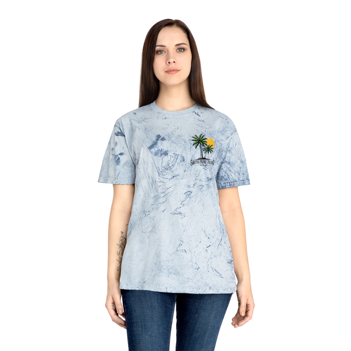 woman wearing blue South Padre Island Unisex T-Shirt – Color Blast Design for Beach Lovers