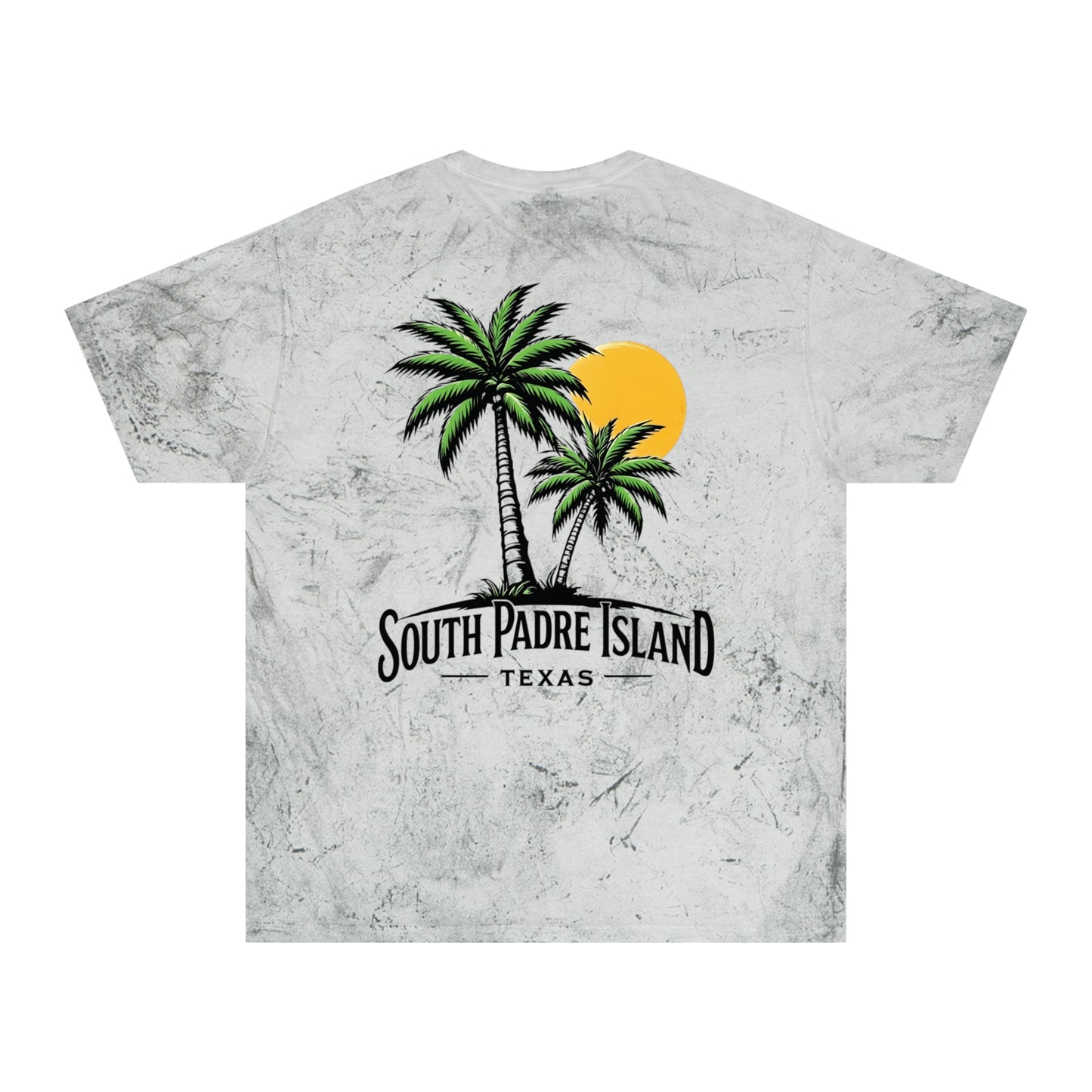 back of gray South Padre Island Unisex T-Shirt – Color Blast Design for Beach Lovers
