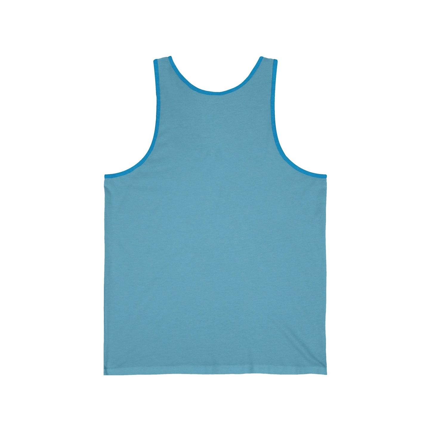 back of blue Positive Energy Unisex Jersey Tank Top – Uplifting & Mindful Vibes