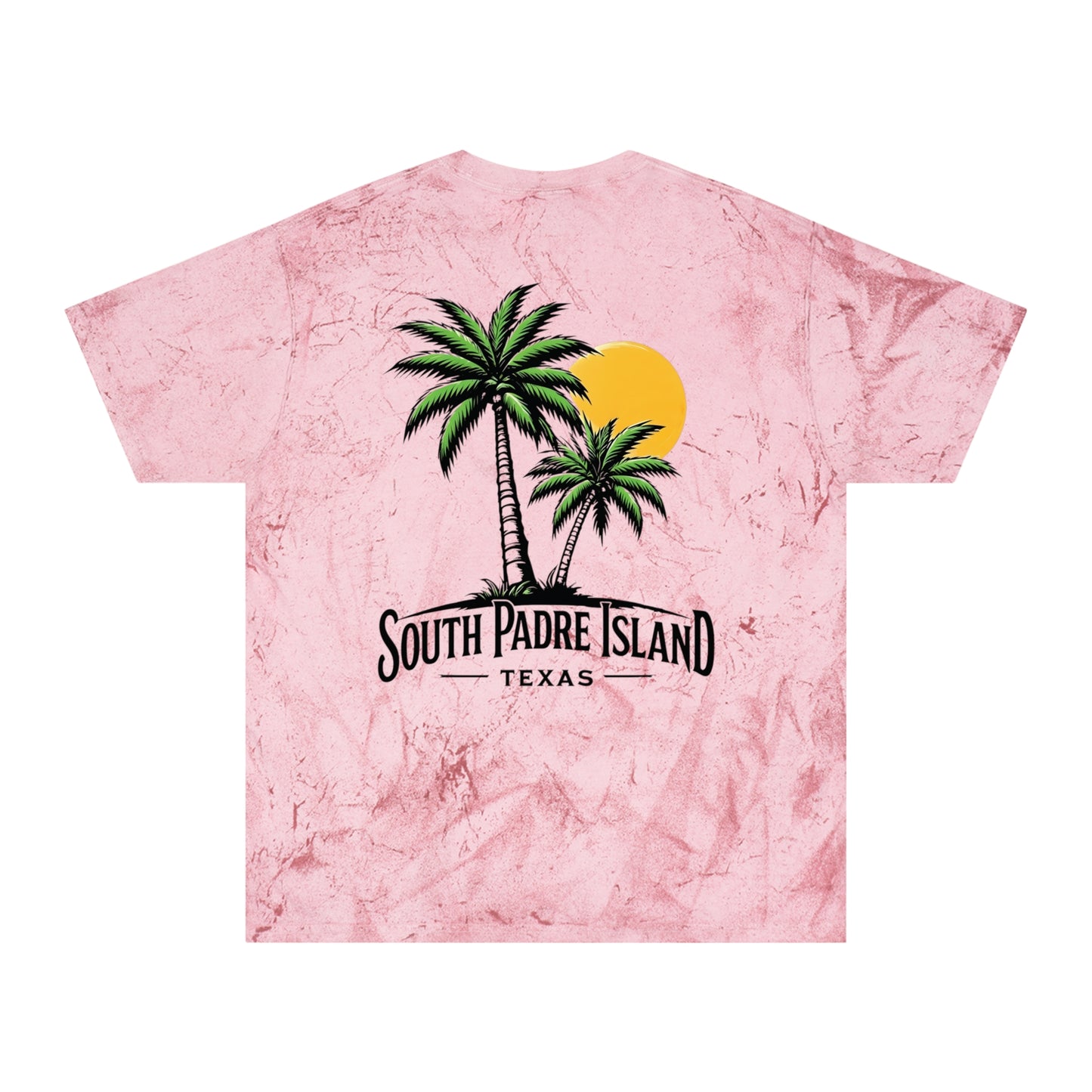 back of pink South Padre Island Unisex T-Shirt – Color Blast Design for Beach Lovers