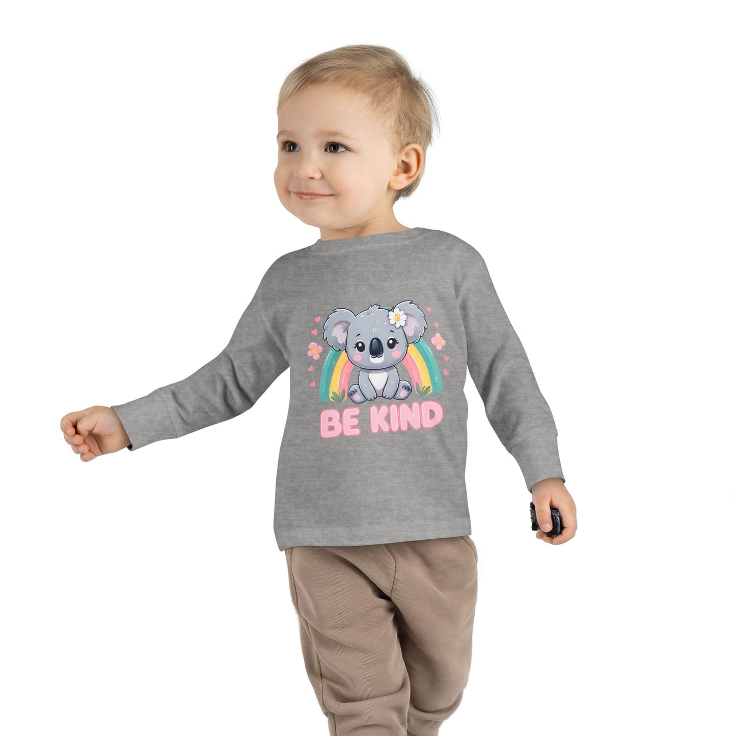 Boy wearing gray Be Kind Toddler Long Sleeve Tee – Soft & Positive Message Shirt
