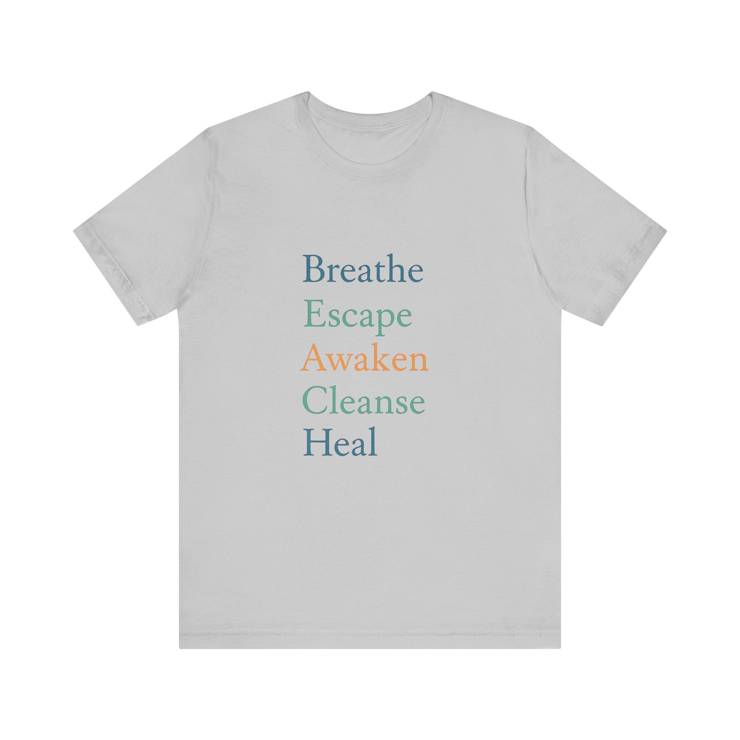 Heather grey athletic tee with pastel BEACH acronym