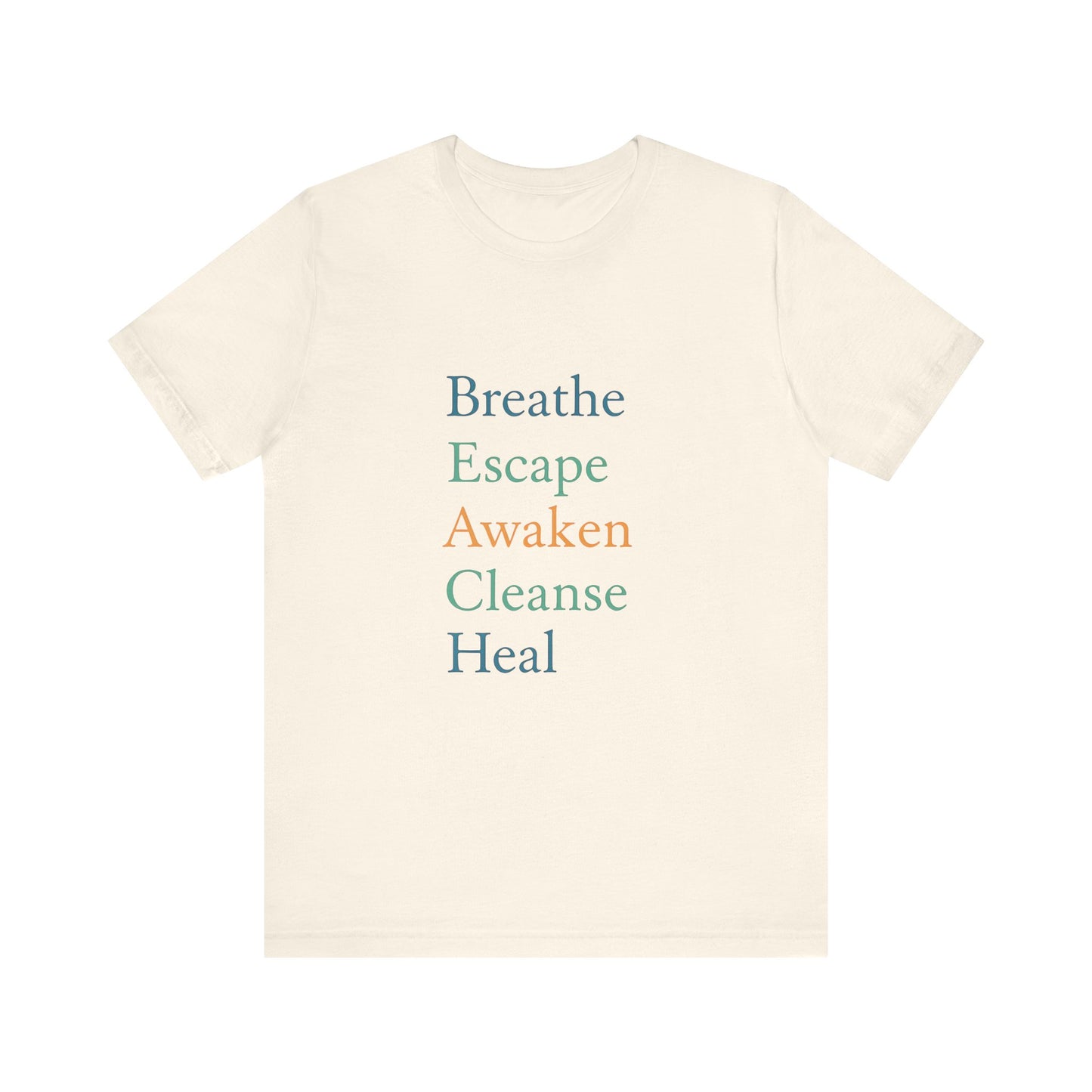 Natural beige unisex tee with soft pastel BEACH vertical design