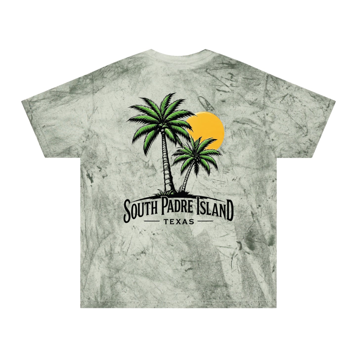 back of green South Padre Island Unisex T-Shirt – Color Blast Design for Beach Lovers