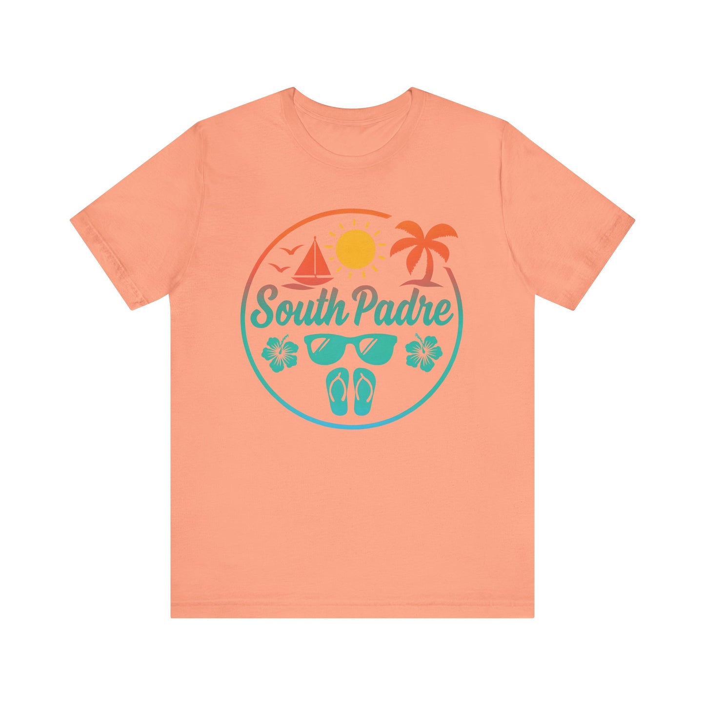 Warm sunset-hued tee with tropical South Padre vacation graphic
