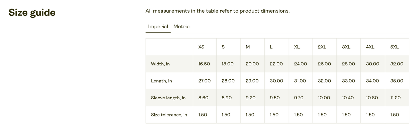 Size guide table for clothing measurements in imperial and metric systems.