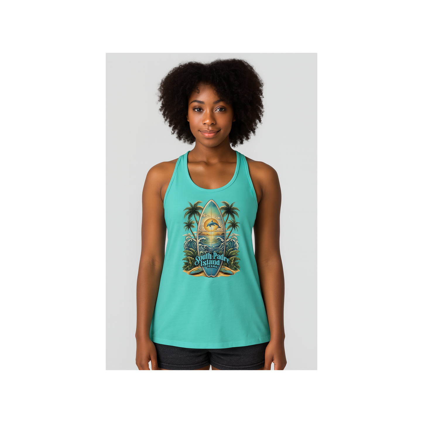 Woman wearing a teal tank top with a graphic design on a white background