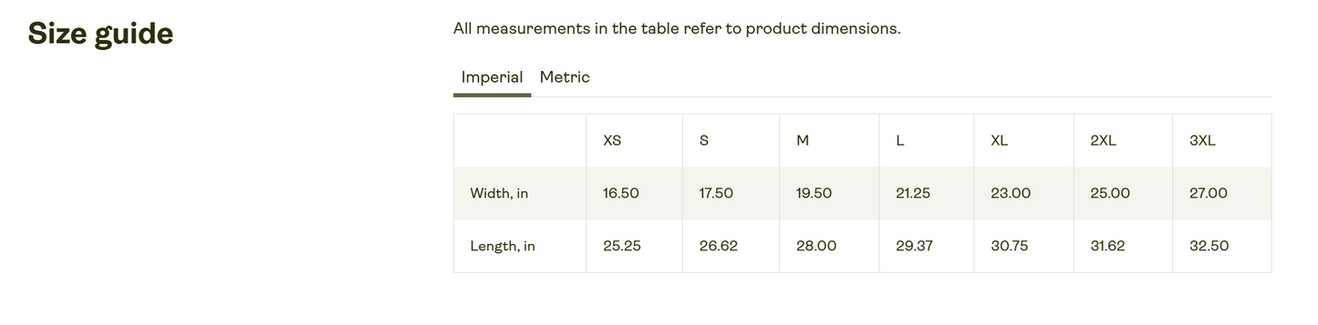 Comfort Colors® 9360 Size Chart