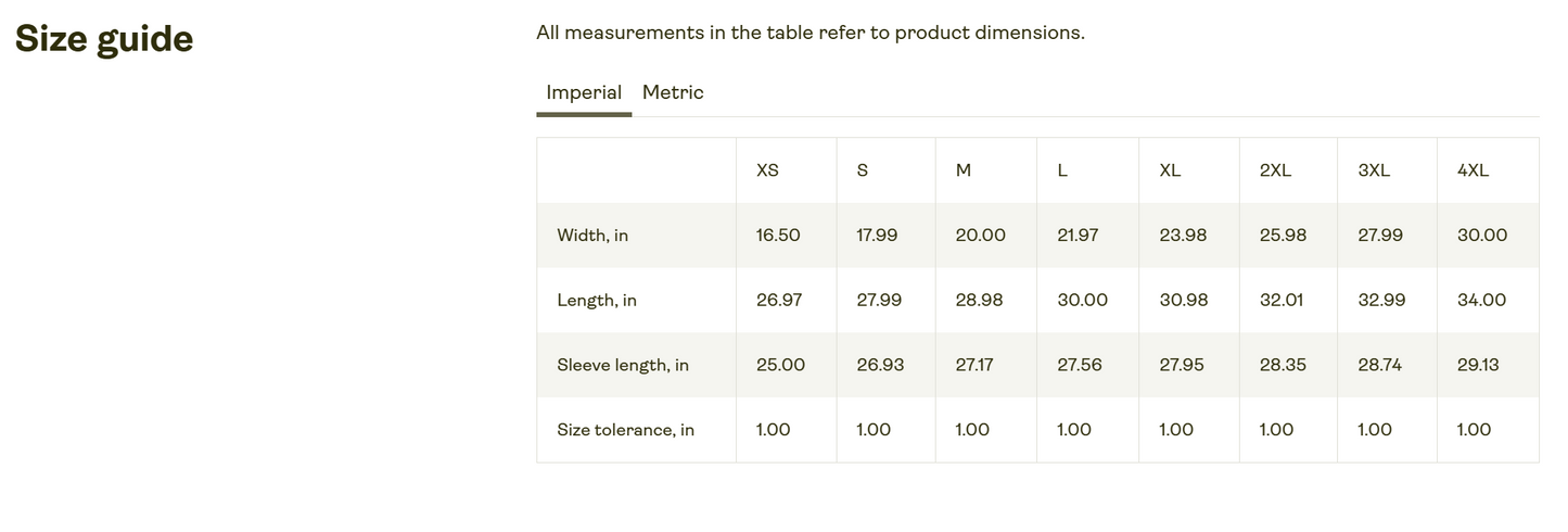 Bella+Canvas 3501 Size Chart