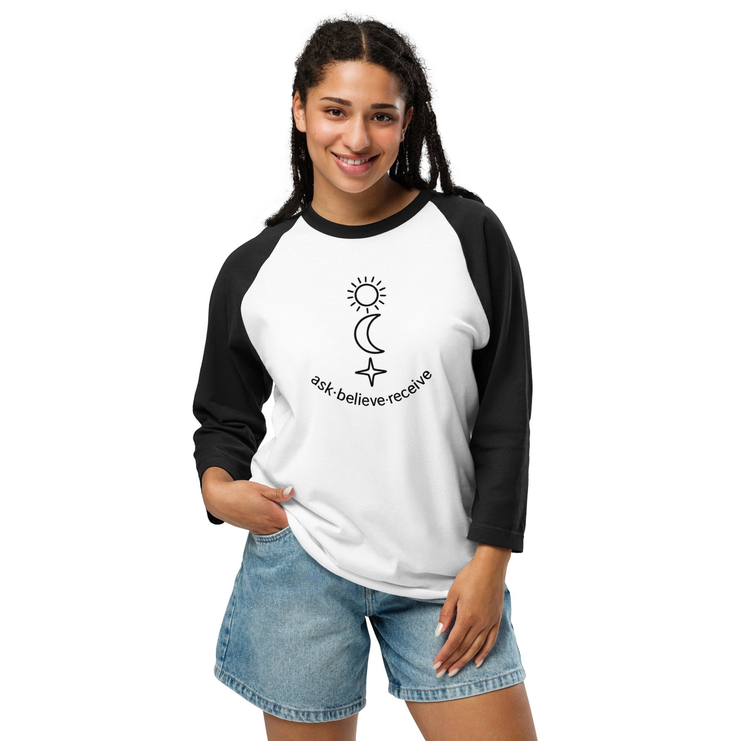 woman wearing black white Ask Believe Receive – Unisex 3/4 Sleeve Baseball Tee