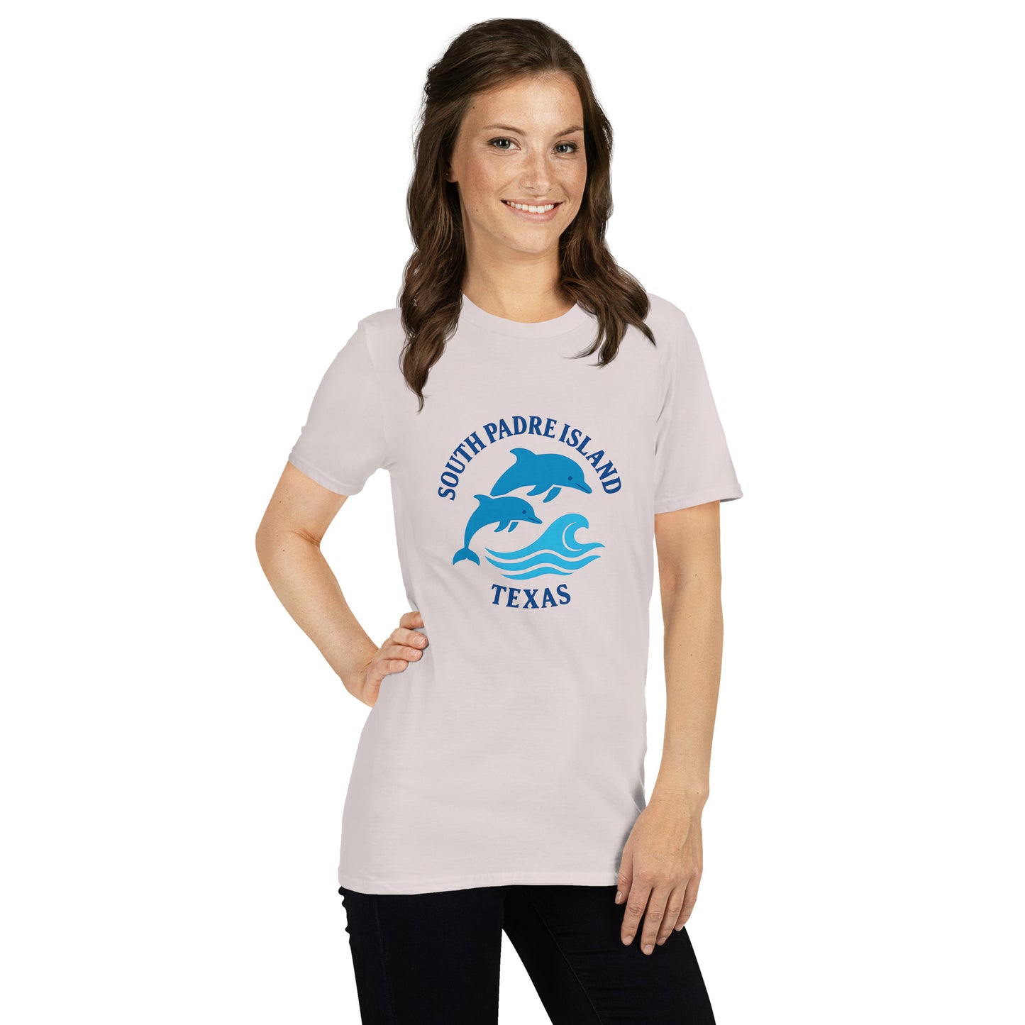 Woman wearing a gray t-shirt with a blue graphic and text on a white background