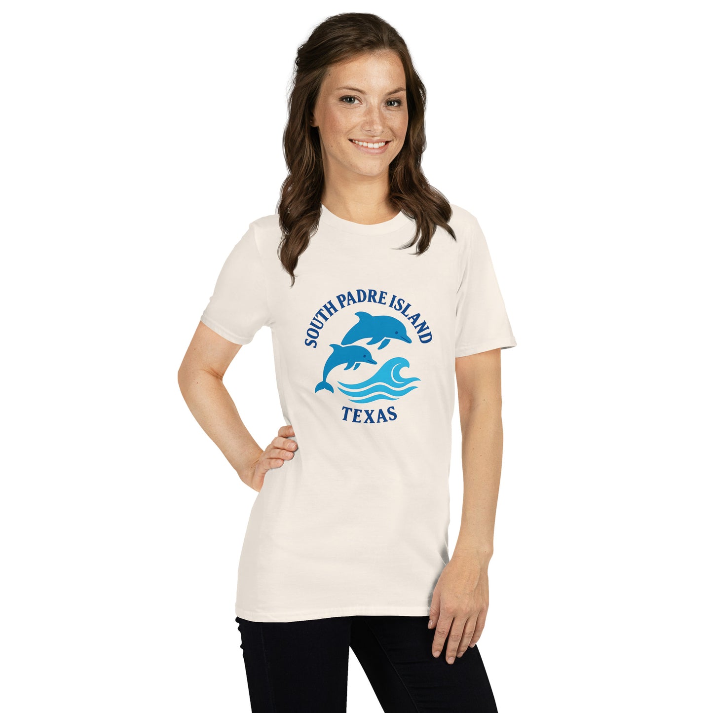Woman wearing a natural t-shirt with 'South Padre Island, Texas' and dolphin graphics.