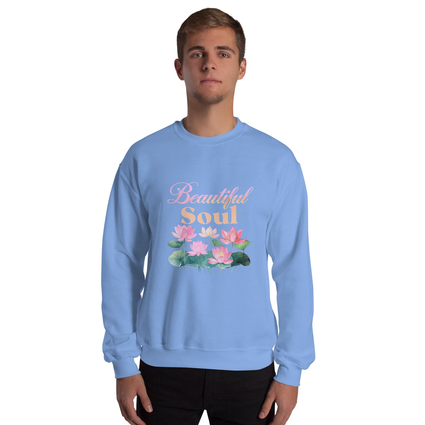 Person wearing a light blue sweatshirt with floral design and text on a white background