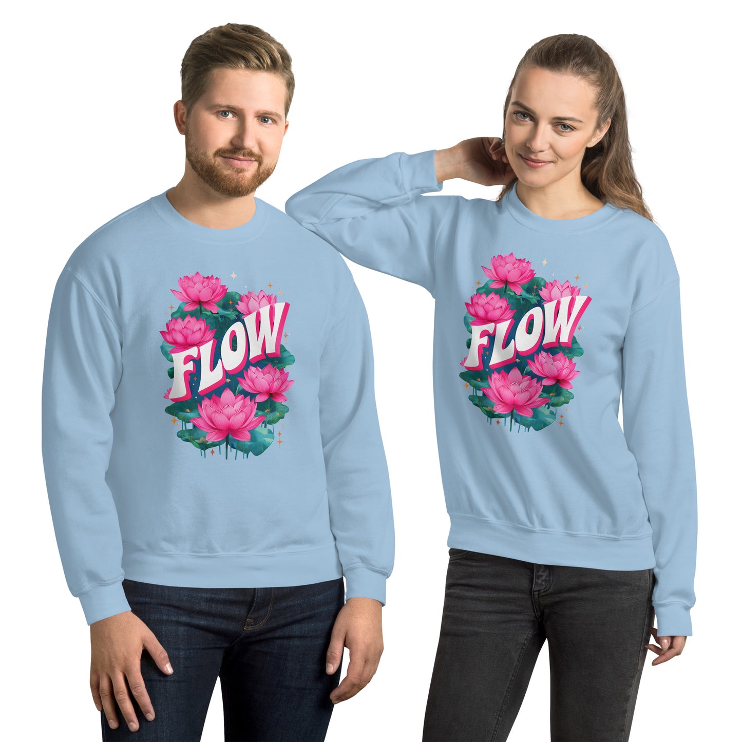 Two people wearing light blue sweatshirts with pink floral design and 'FLOW' text on a white background.