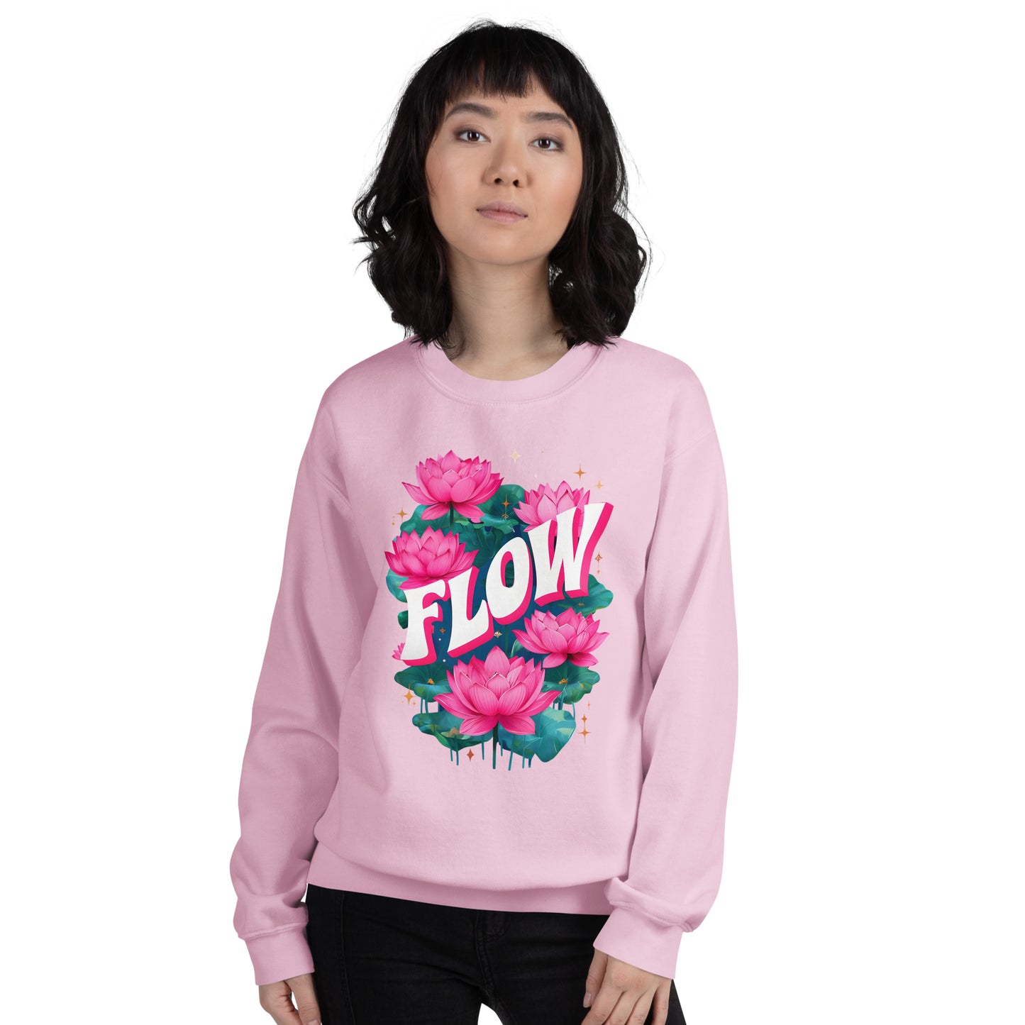 Person wearing a pink sweatshirt with floral design and 'FLOW' text on a white background