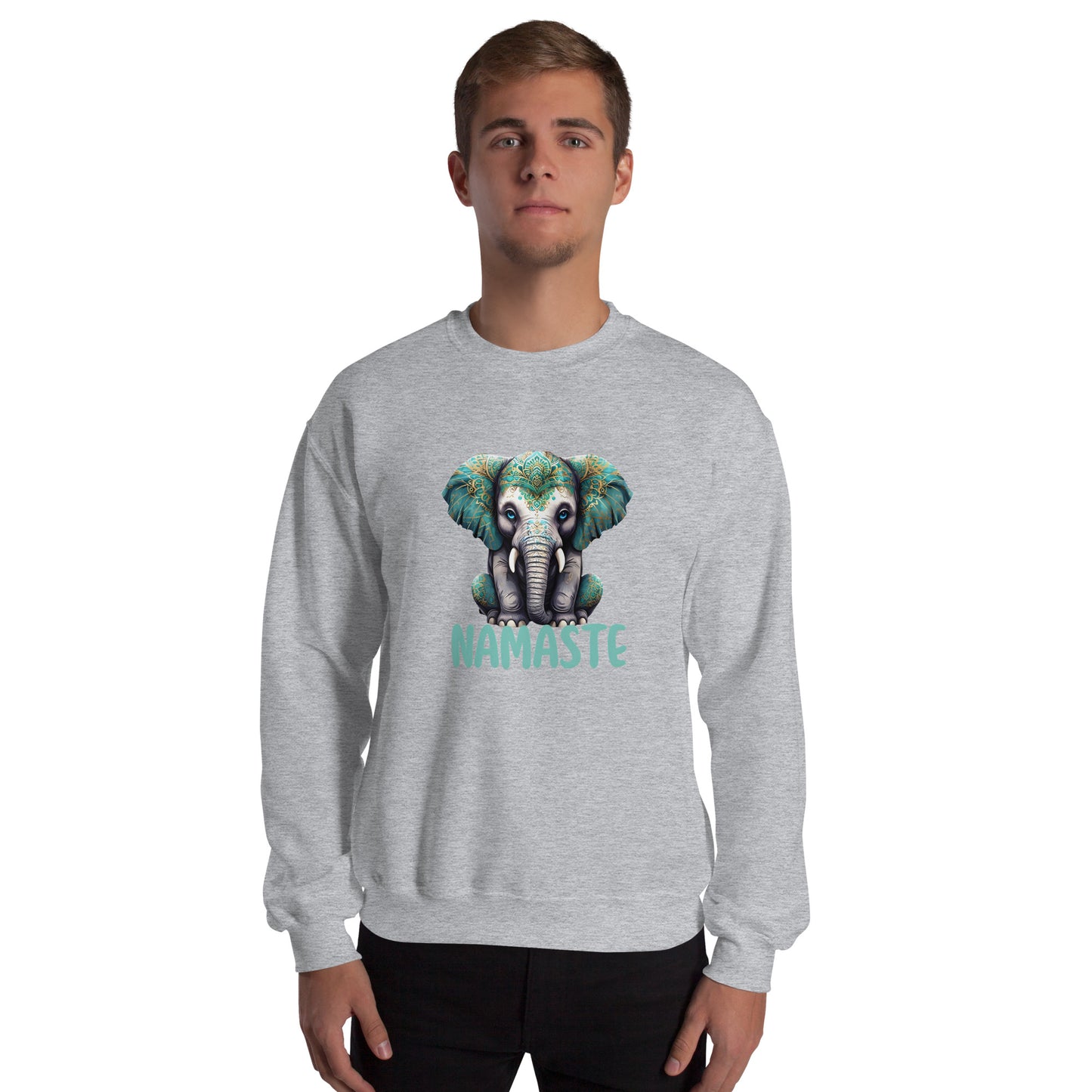 Person wearing a gray sweatshirt with an elephant design and 'Namaste' text on a white background