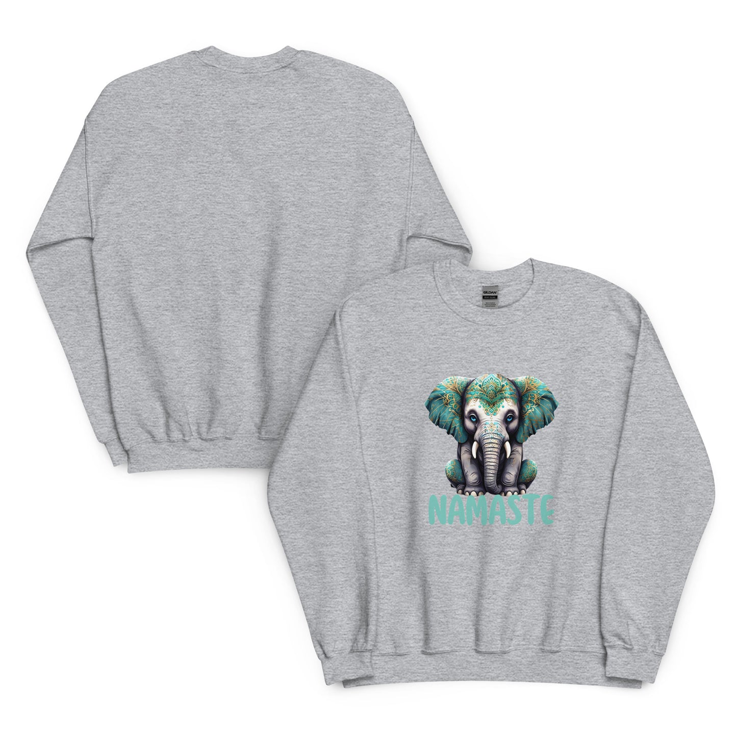 Gray sweatshirt with an elephant graphic and 'Namaste' text on a white background