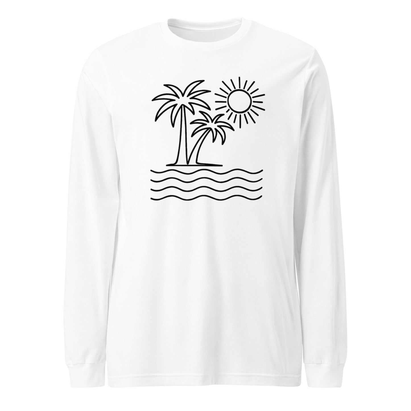 White long-sleeve shirt with black palm tree and sun design on a white background