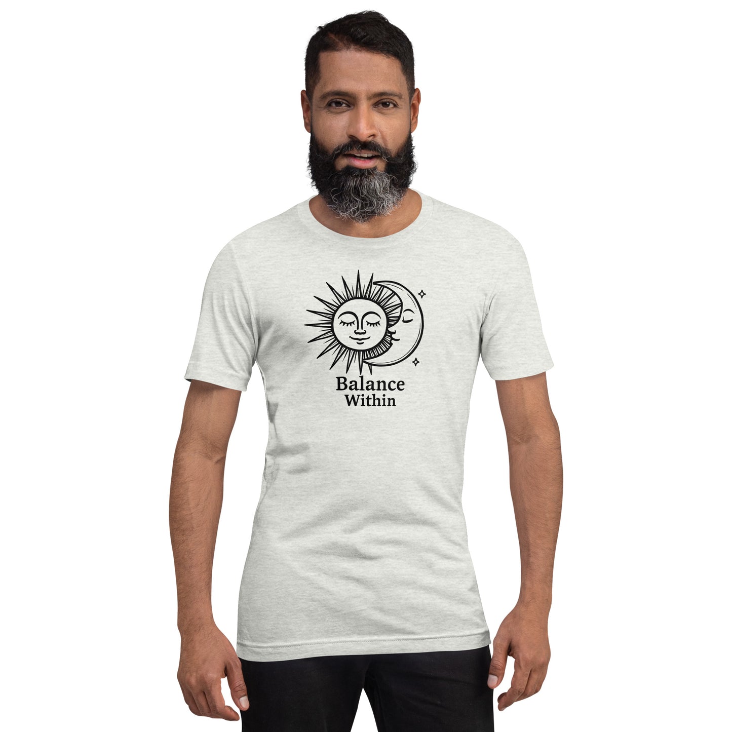 Man wearing a gray t-shirt with a sun and moon design and 'Balance Within' text on a white background