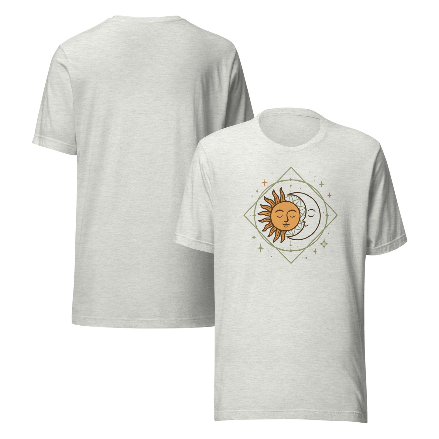 front and back of gray Sun and Moon Graphic Tee – Unisex Celestial T-Shirt
