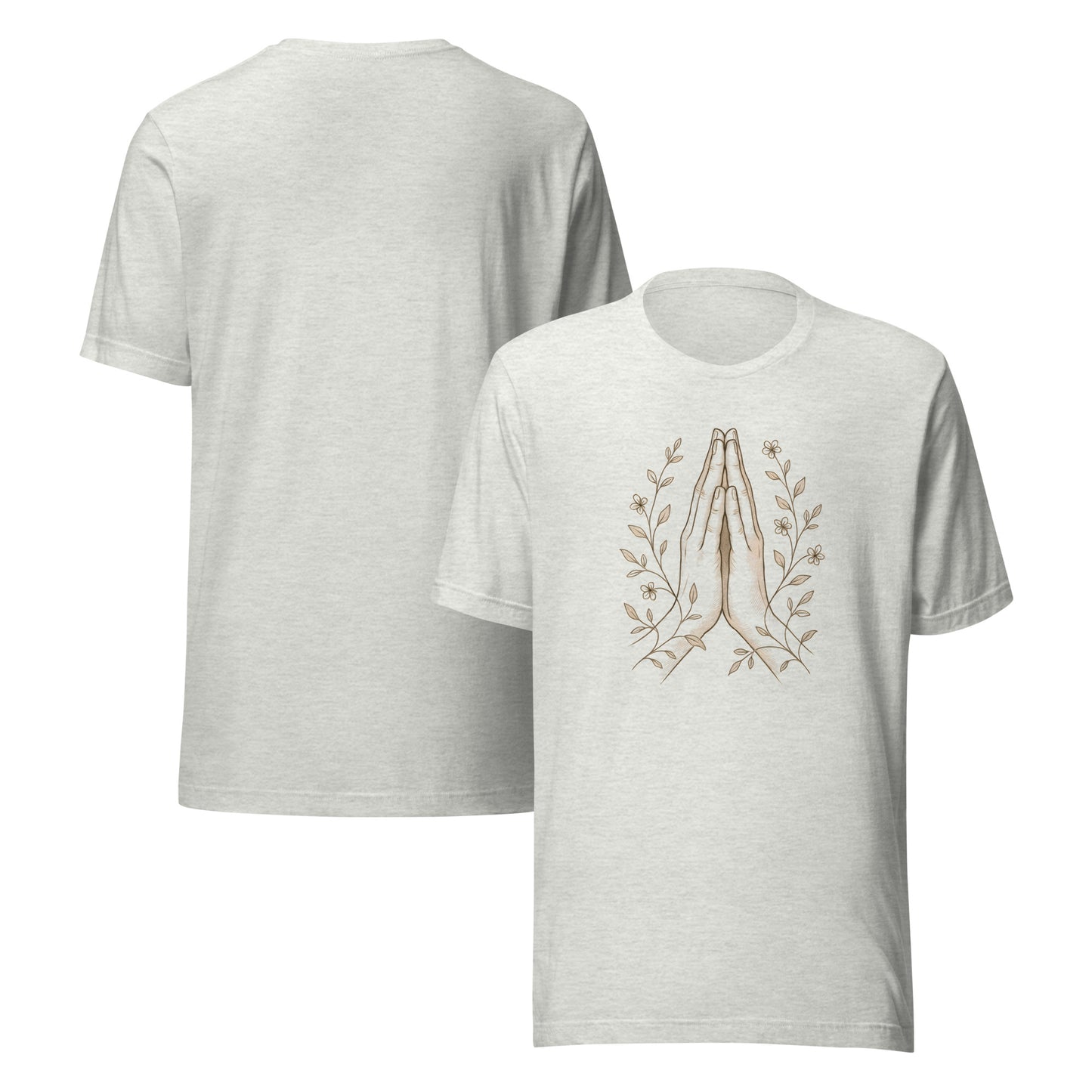 front and back of gray Namaste Hands T-Shirt – Unisex Spiritual Tee with Floral Design