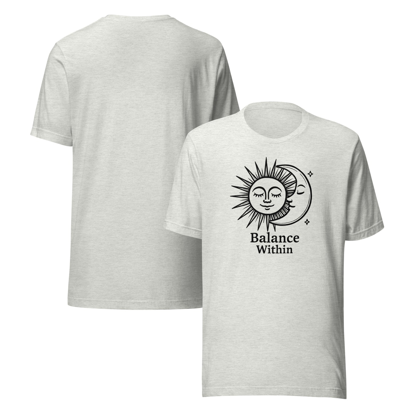 White t-shirt with 'Balance Within' design on a white background