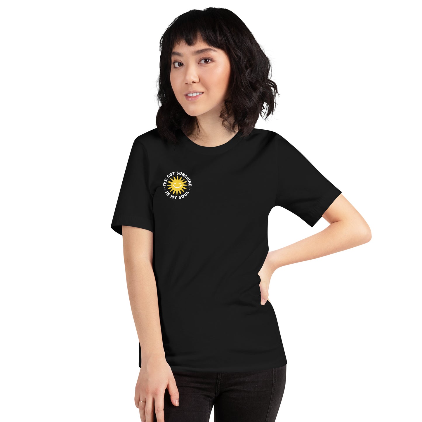 Person wearing a black t-shirt with a I've got sunshine in my soul on a white background