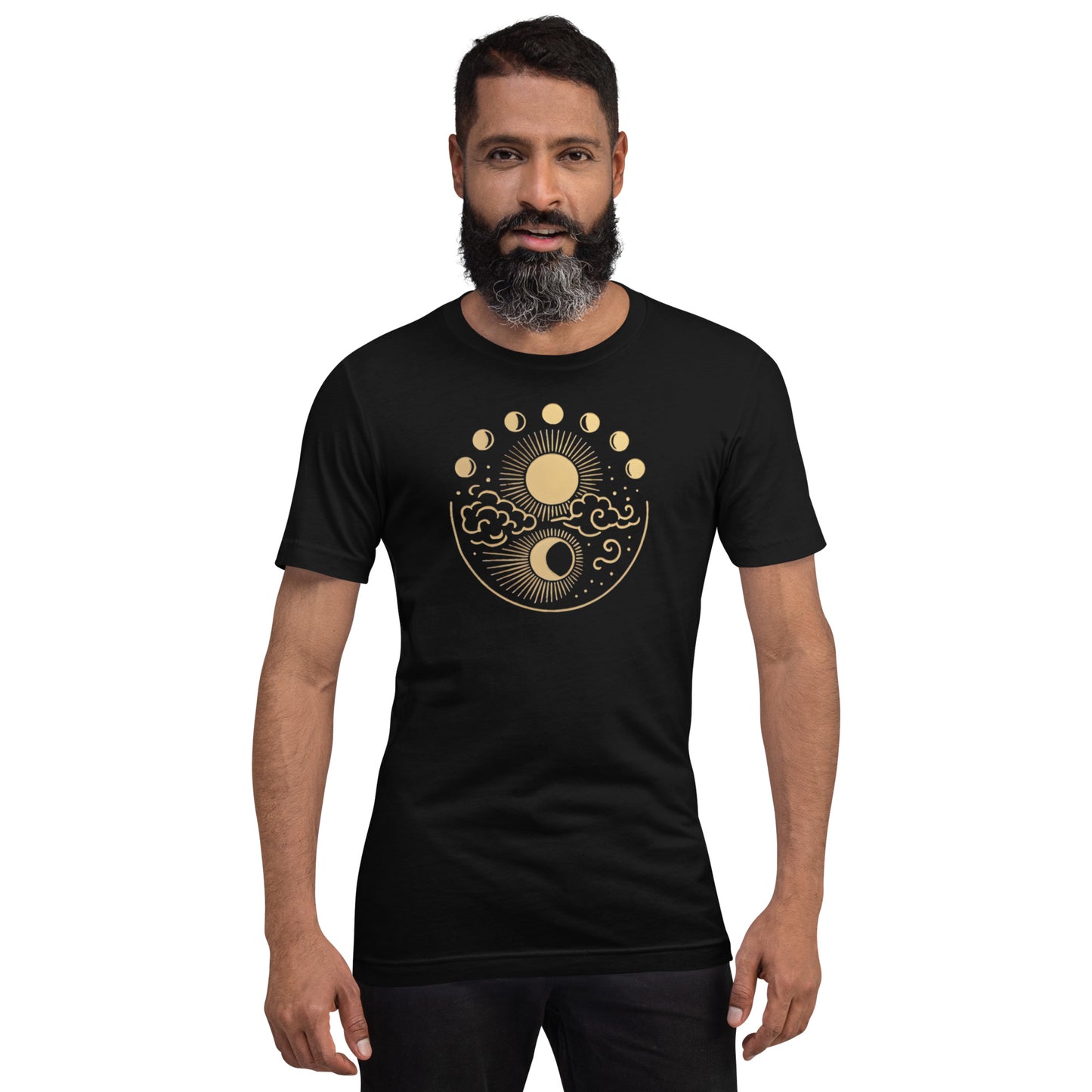 Man wearing a black t-shirt with a gold celestial design on a white background
