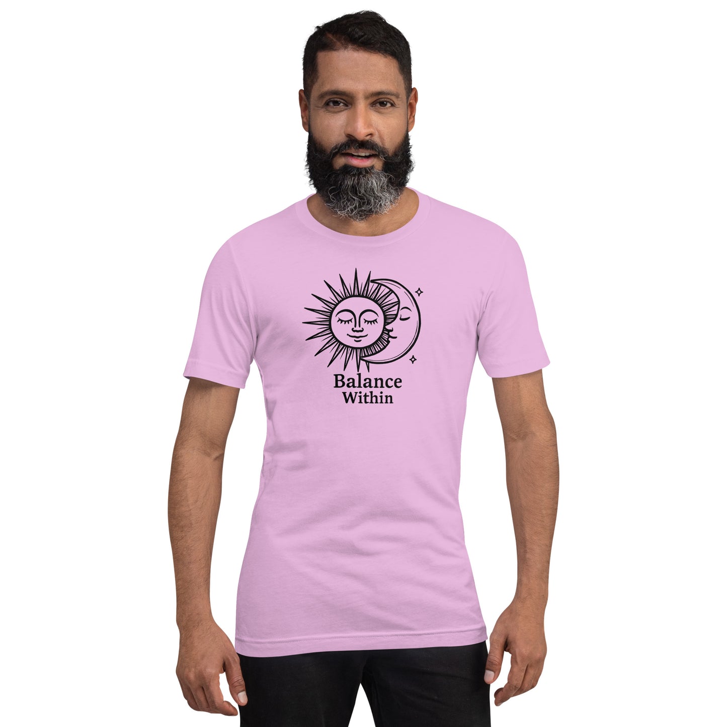 Man wearing a lilac t-shirt with a sun and moon design and 'Balance Within' text on a white background