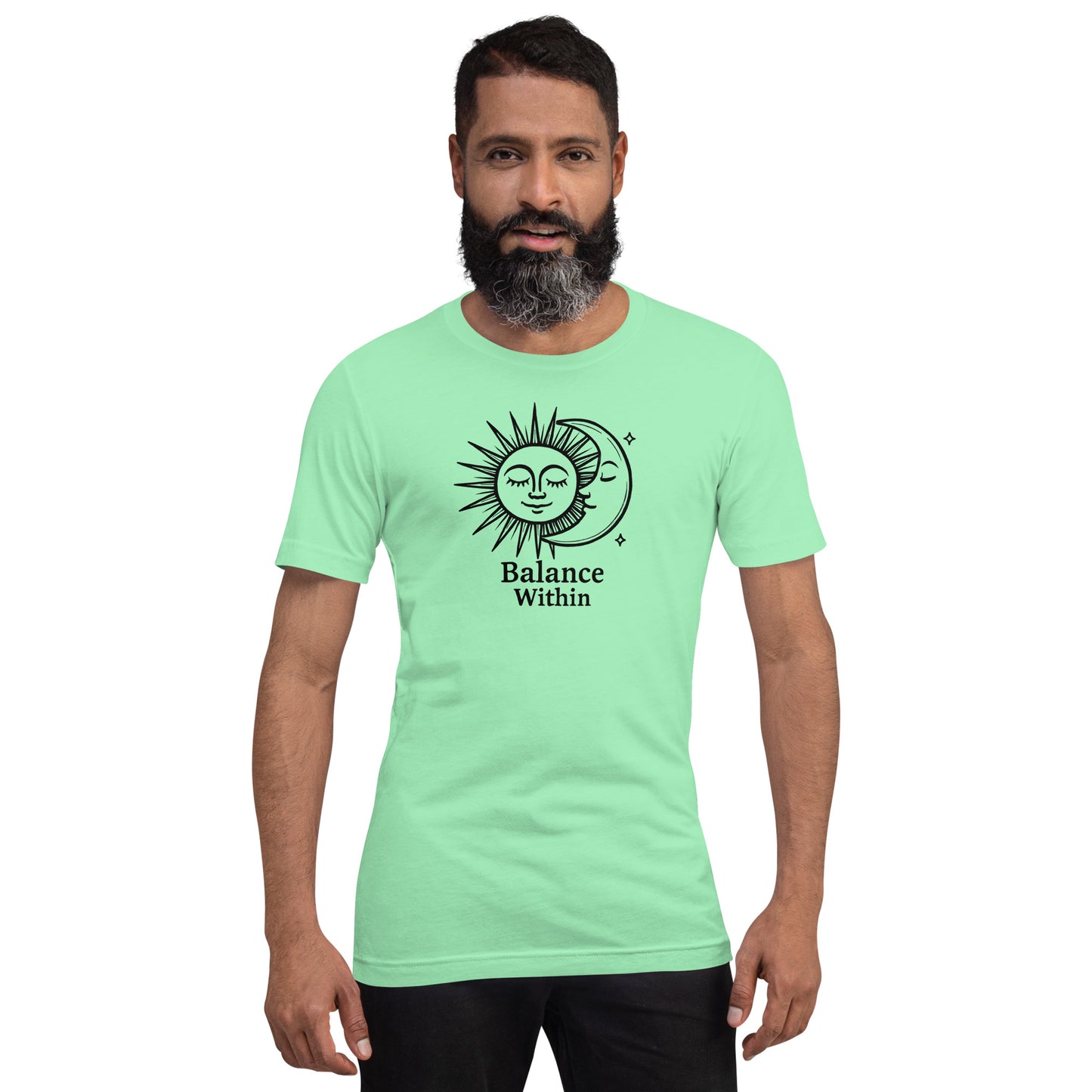 Man wearing a light green t-shirt with a sun and moon design and 'Balance Within' text on a white background