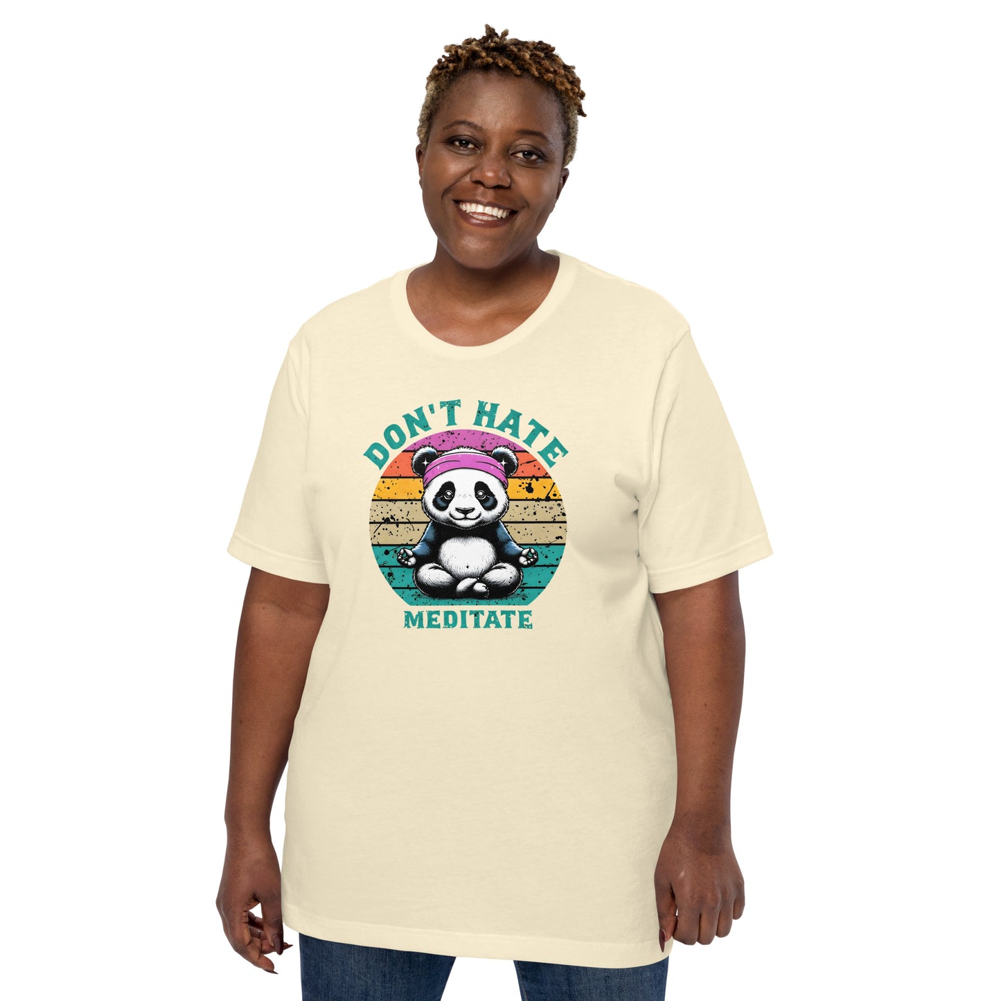 Person wearing a natural t-shirt with a panda graphic and text on a white background