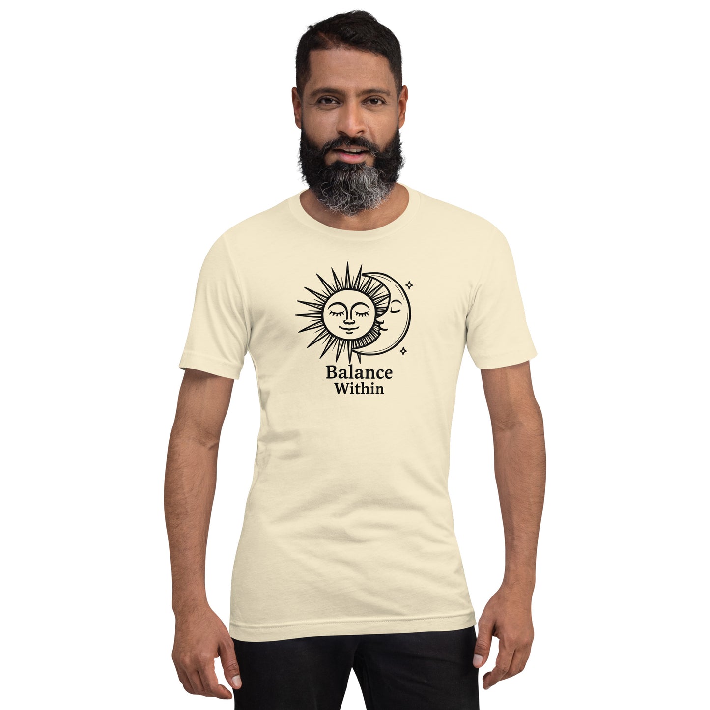 Man wearing a natural t-shirt with a sun and moon design and 'Balance Within' text on a white background