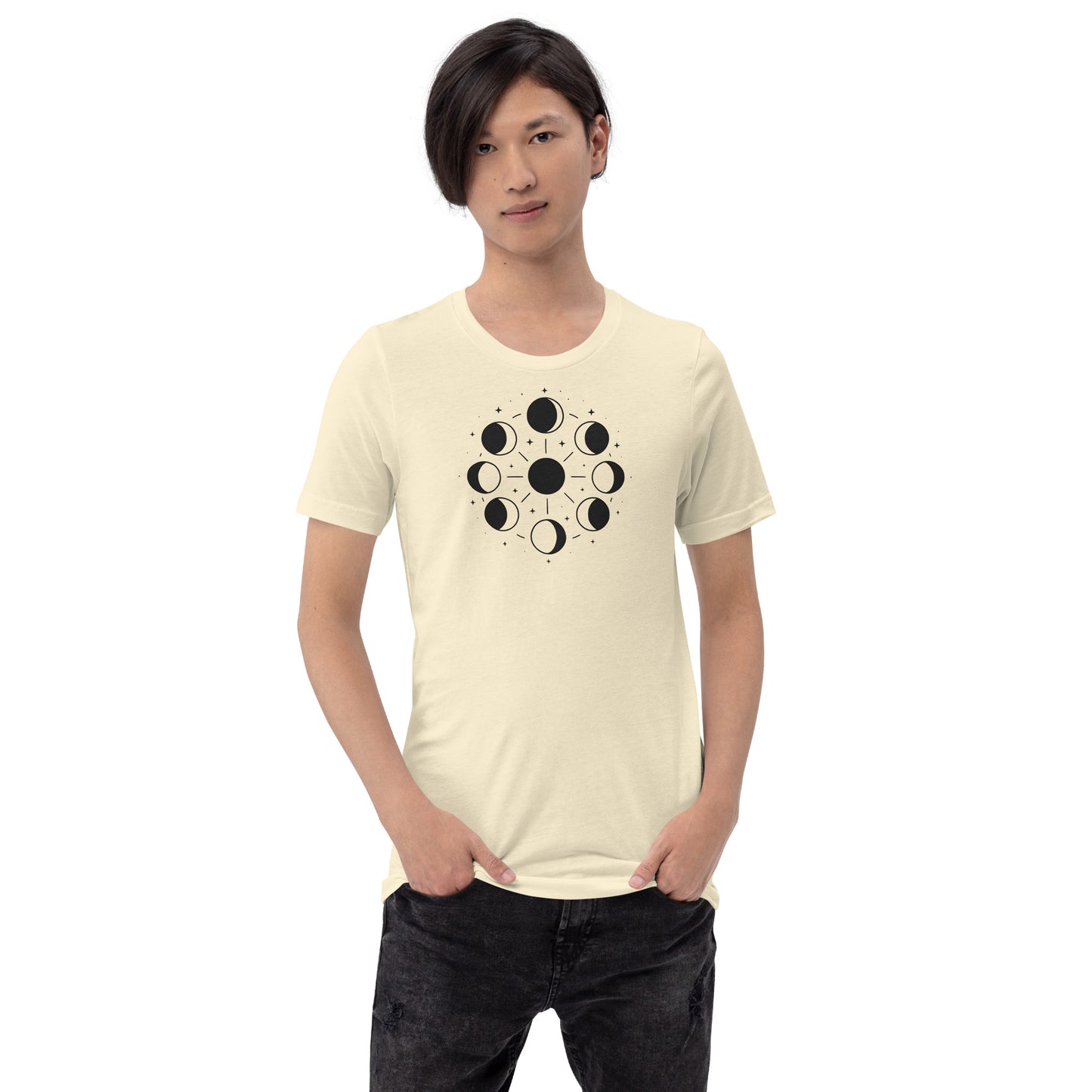 man wearing natural Celestial Phases Tee – Unisex Moon Phase Shirt for Astrology Lovers