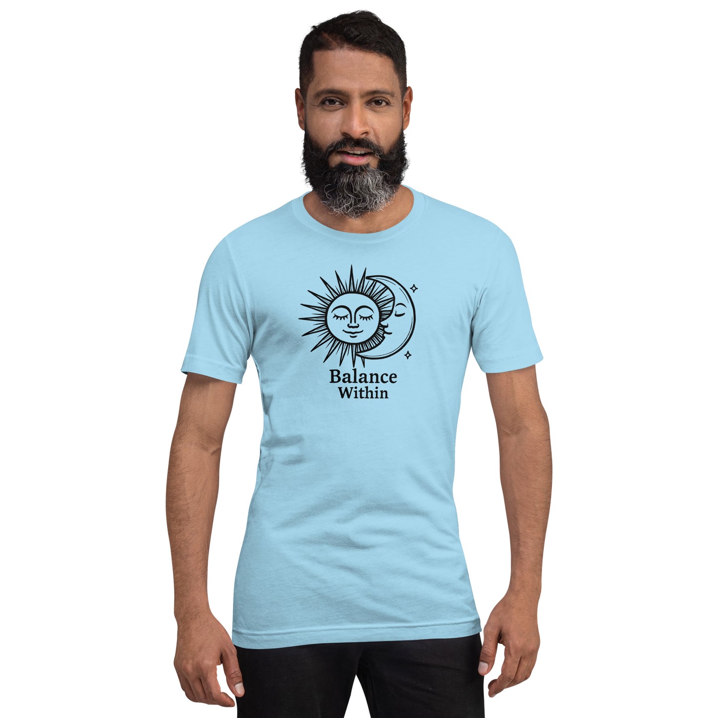 Man wearing a light blue t-shirt with a sun and moon design and 'Balance Within' text on a white background
