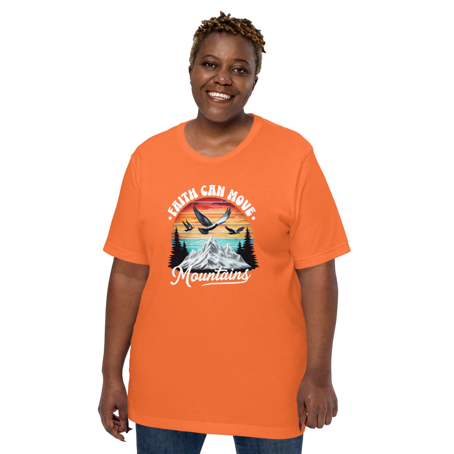 Person wearing an orange t-shirt with a graphic design and text on a white background