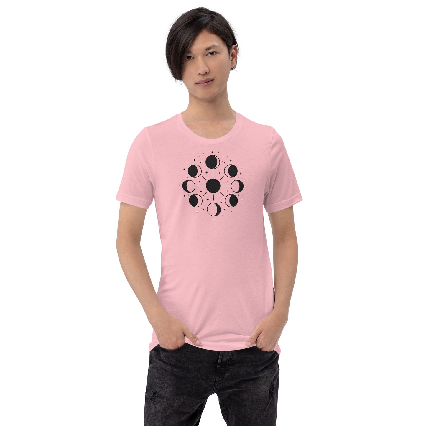 man wearing pink Celestial Phases Tee – Unisex Moon Phase Shirt for Astrology Lovers