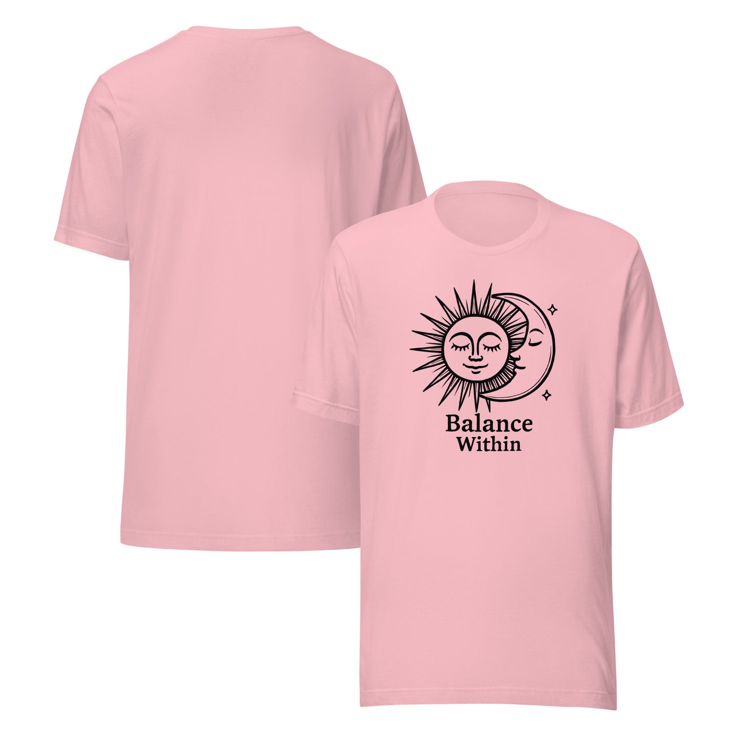 Pink t-shirt with 'Balance Within' design on a white background