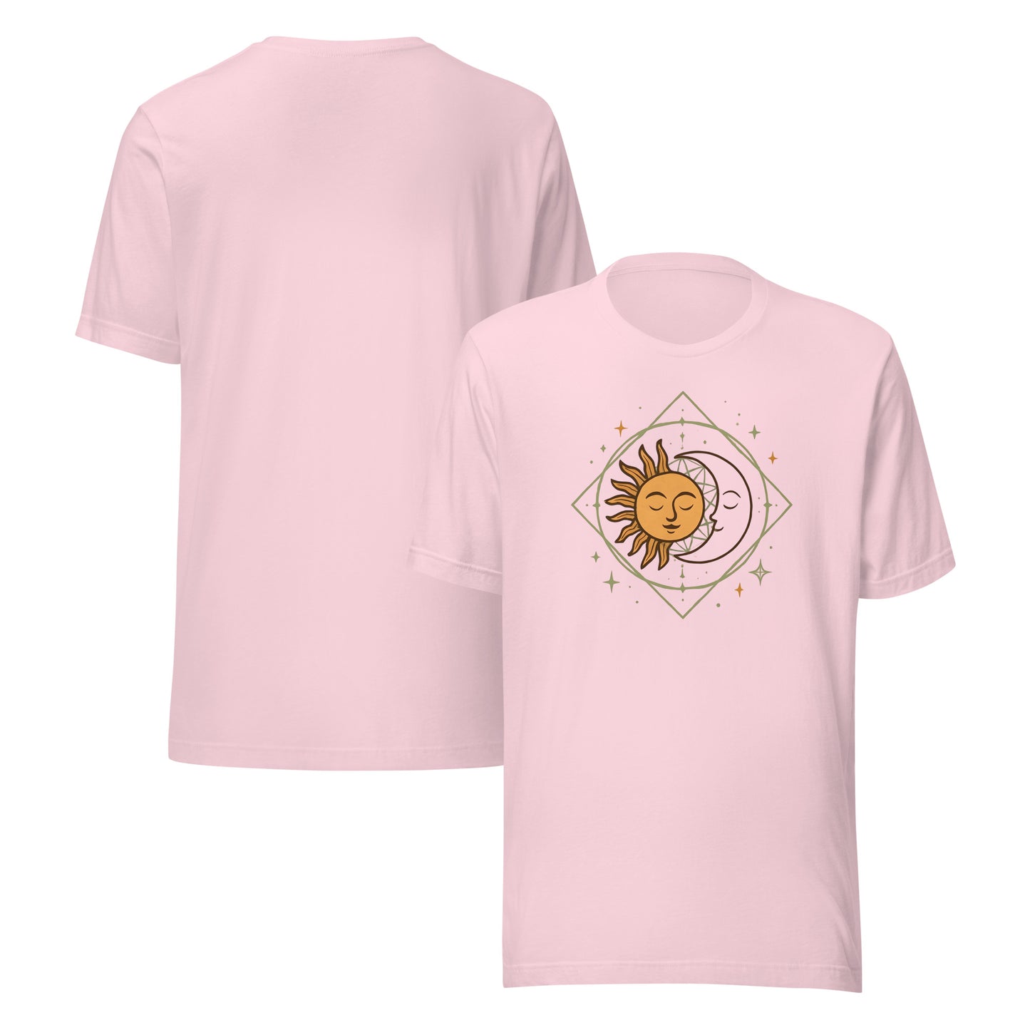 front and back of pink Sun and Moon Graphic Tee – Unisex Celestial T-Shirt