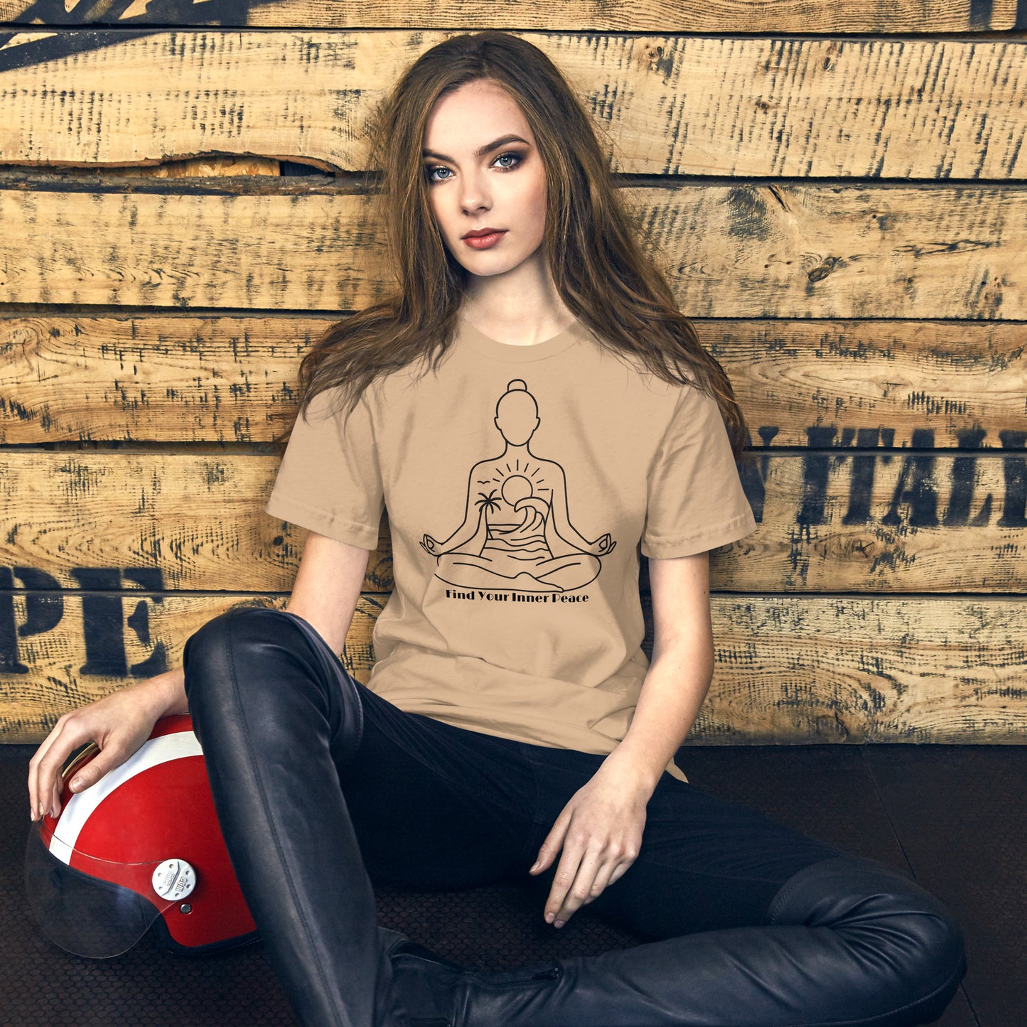 woman wearing tan Find Your Inner Peace T-Shirt – Unisex Mindful Affirmation Tee