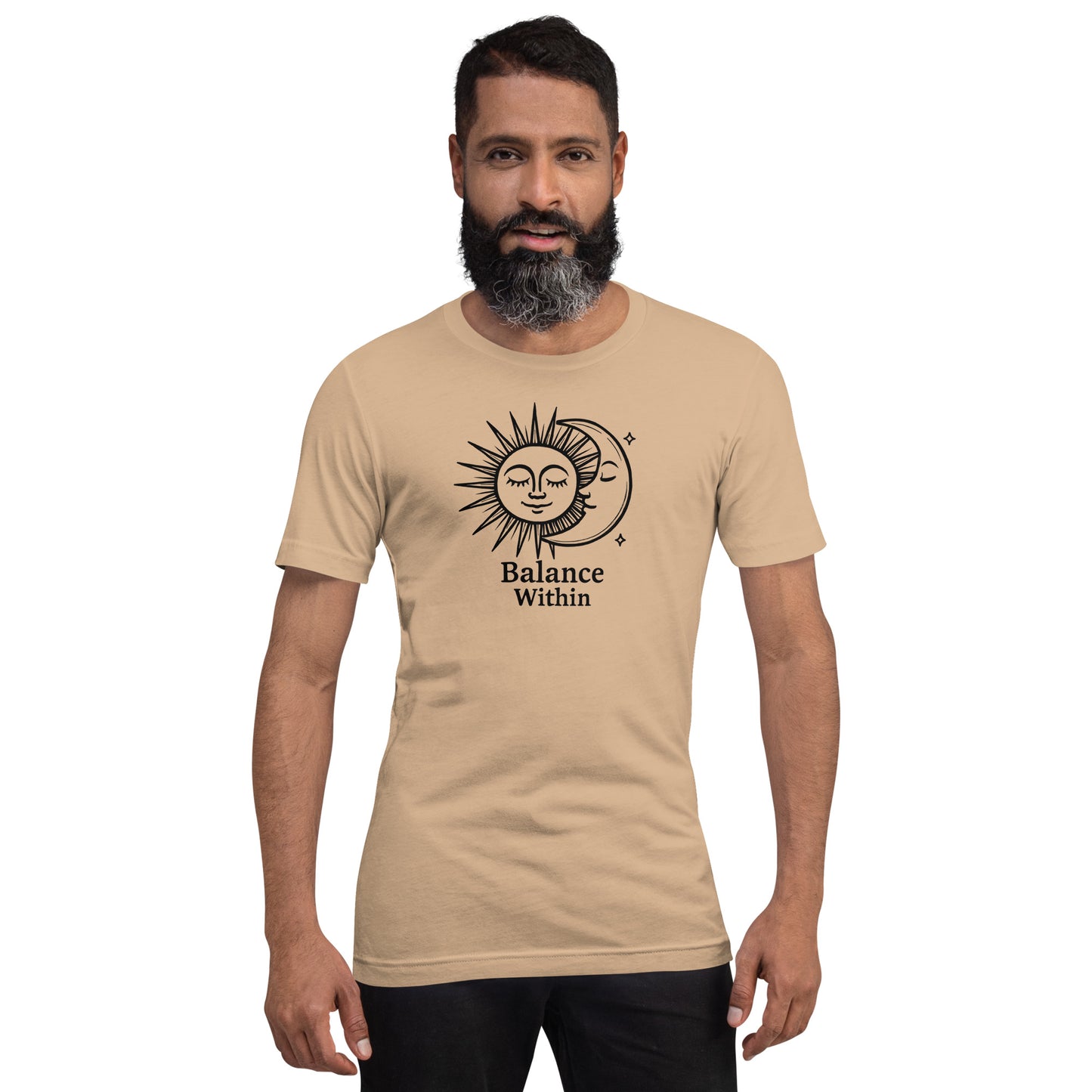 Man wearing a beige t-shirt with a sun and moon design and 'Balance Within' text on a white background