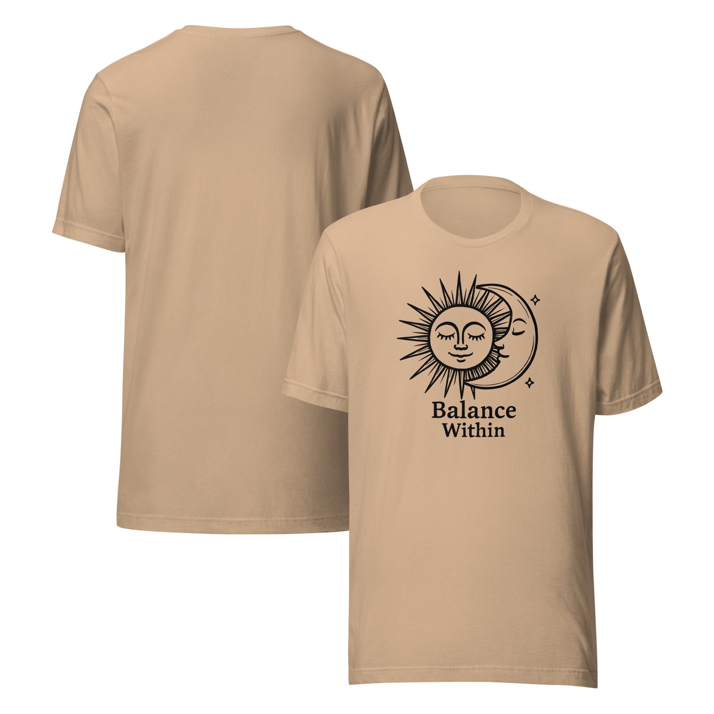 Beige t-shirt with sun and moon design and 'Balance Within' text on a white background