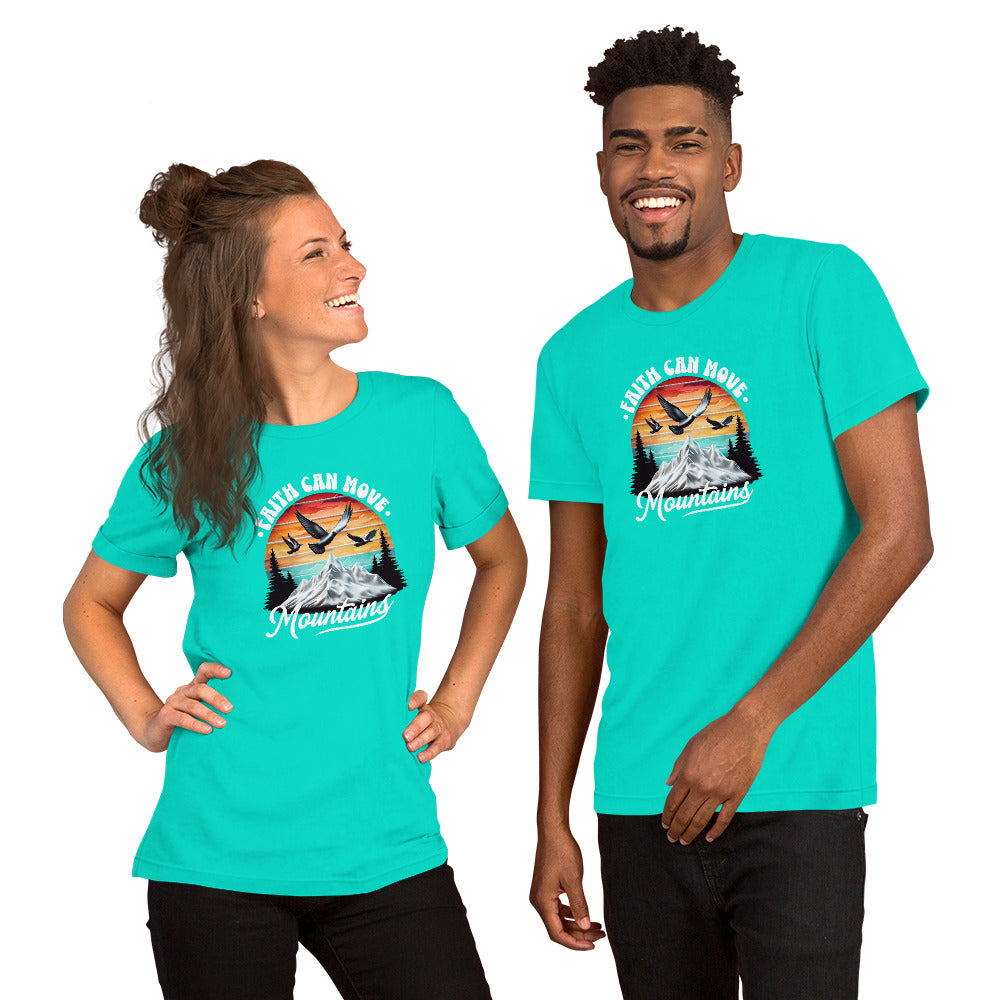 Two people wearing matching teal t-shirts with a mountain design on a white background