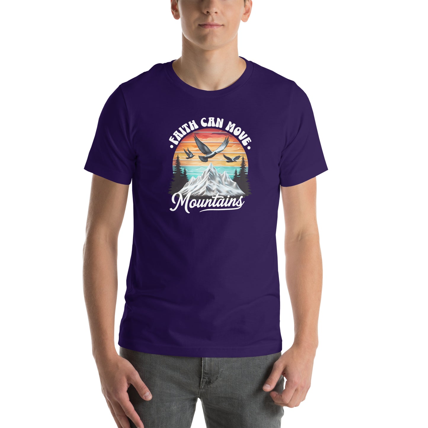 Person wearing a purple t-shirt with a mountain and bird graphic and text.