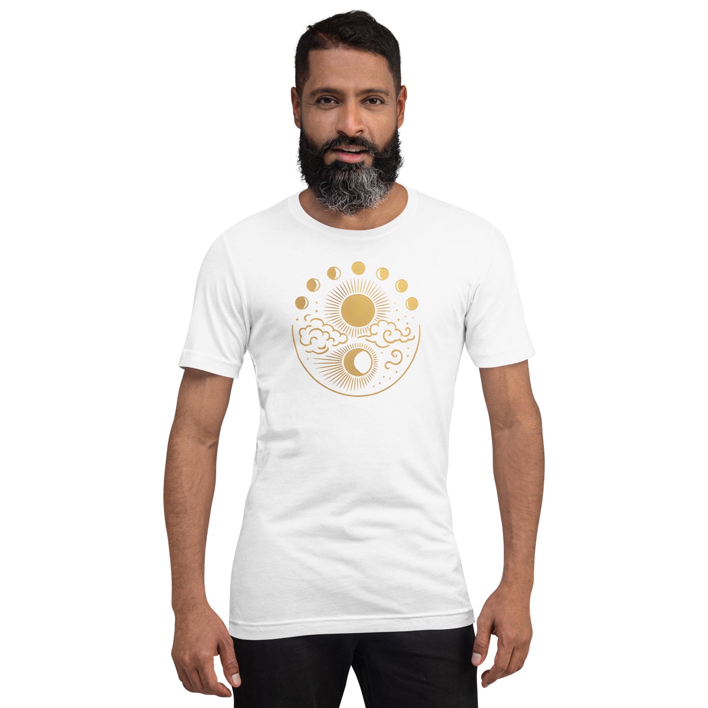 man wearing white Mystic Moon and Sun Shirt – Boho Celestial Moon Phase Tee