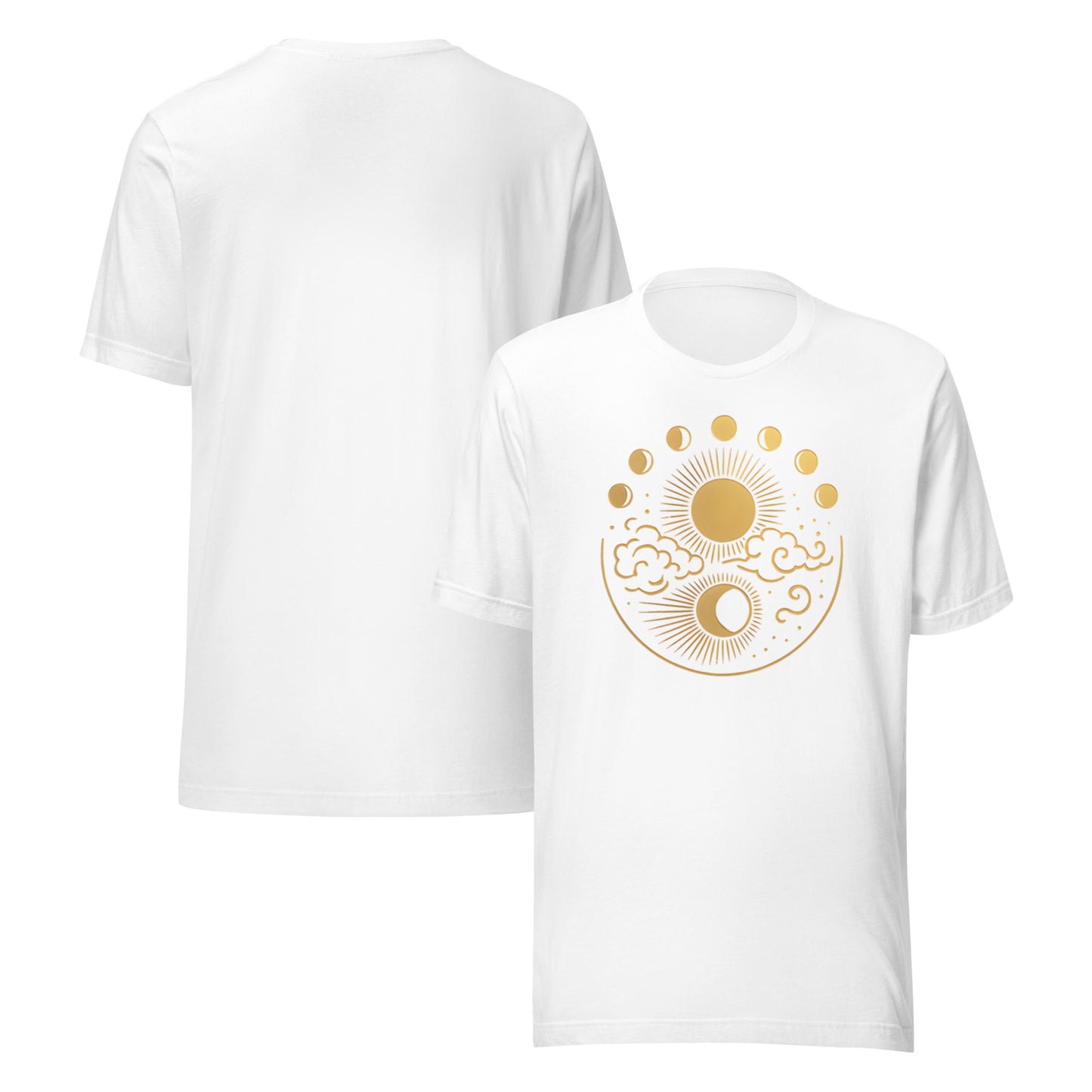 White t-shirt with gold celestial design on a white background
